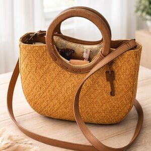 Fossil Elegant Tan Woven Handbag with Wooden Handles